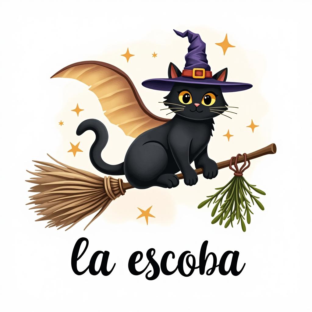  design a logo, in a watercolor style. witchy, black cat riding on a broom, dried herbs hanging m off broom, cottage core aesthetic , with the text 'la escoba'.