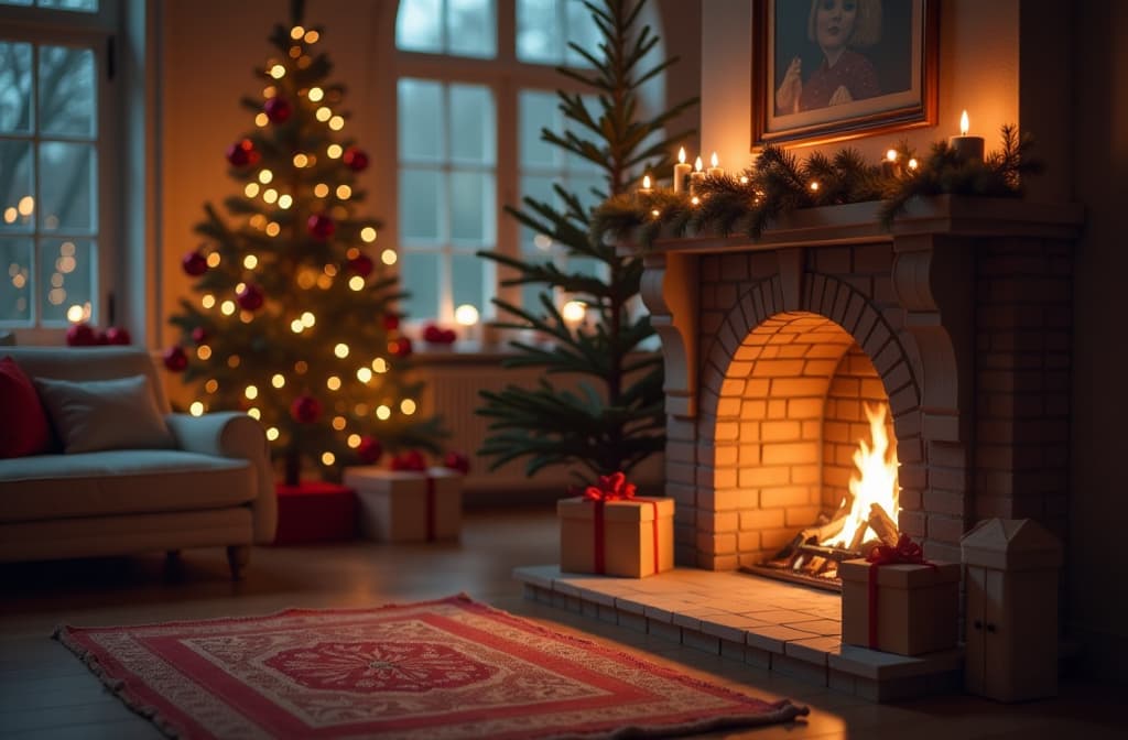  professional detailed photography, christmas fireplace on festive blurred bokeh background. ar 3:2, (muted colors, dim colors, soothing tones), (vsco:0.3)