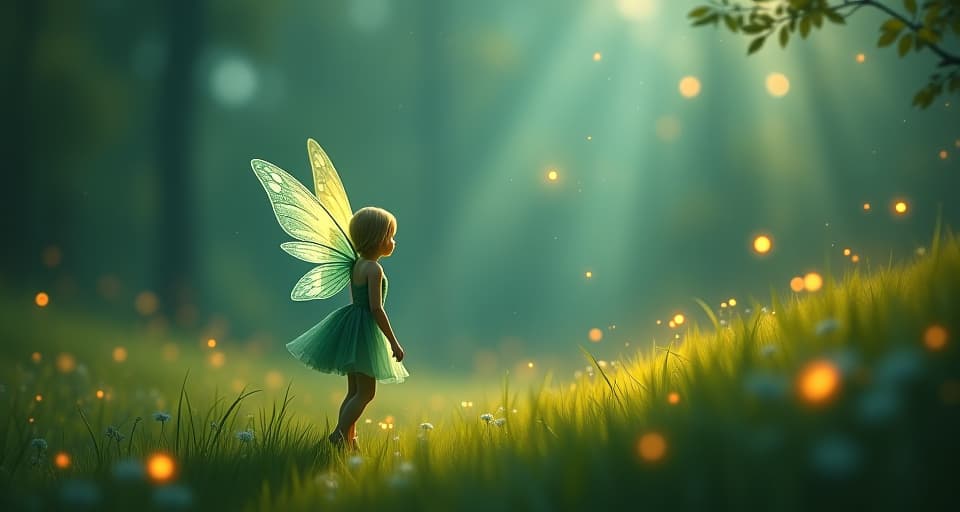  an ethereal fairy with brightly glowing wings, hovering above a serene meadow. subtle, magical fireflies float around, while the fairy perceives the invisible forces at play within the mystical landscape.. the style is digital art illustration,highly detailed, whimsical,magical, dreamlike atmosphere, realism and fantasy blend, smooth, glossy textures,luminous quality, wonder and enchantment.