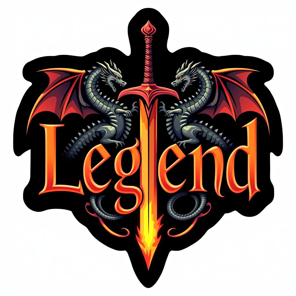  design a logo, custom sticker design on an isolated black background with the words ‘legend’ in bold font decorated by mythical dragons and a flaming sword