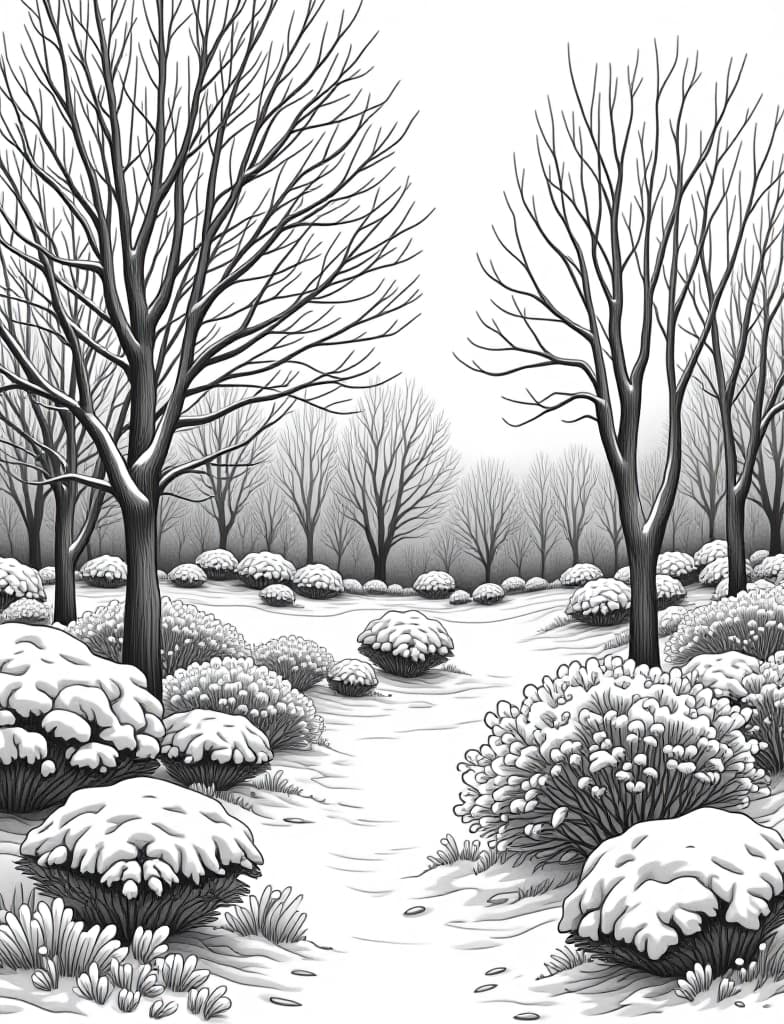  this is for an adult coloring page. a detailed black and white line art of a snowy winter garden with bare trees and snow covered shrubs on a solid white background.