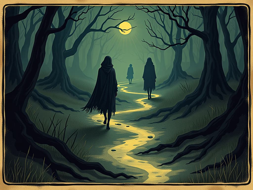  souls guided towards paths, spectral lights leading the way, ethereal, wandering souls finding direction, luminescent paths winding through dark terrain, spiritual clarity, sense of destiny. an illustration in the style of a worn, mystical old tarot trump card, mysterious and elements of surrealism. the colors are muted, somber and eerie, but with contrast bring out an occult and esoteric vibe.