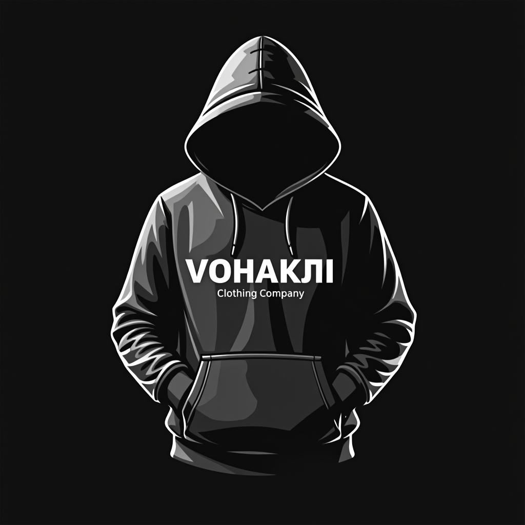  logo for clothing company with name vohakni.to with some black hoodie with cape and modern font, (logo:1.15), black and white, hq, hightly detailed, 4k