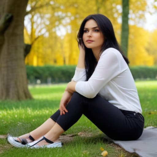 A 12 , straight black hair, of Ukrainian origin.. , sitting showing her in a park