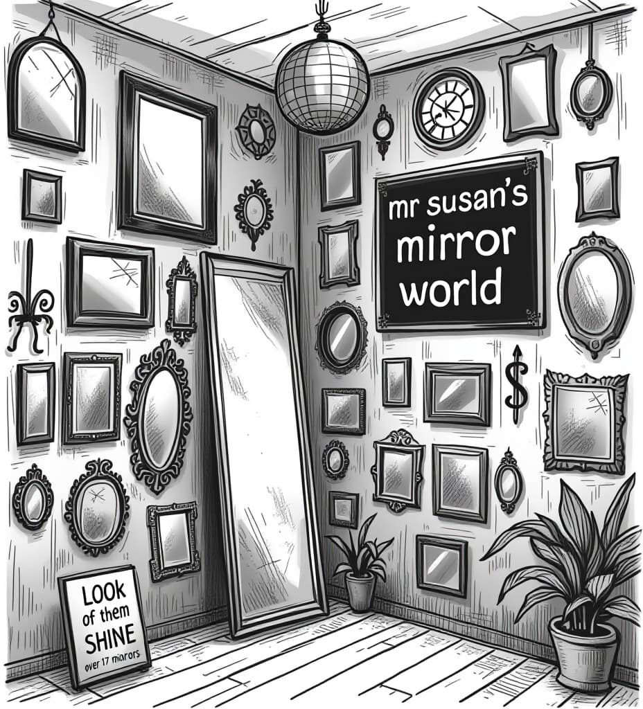  t shirt design . a black on white vector illustration, showing the corner of a room. on the walls are many mirrors in all many shapes and sizes some square, circle, rectangle, oval, some ornate and fancy, some modern style, and a full length floor mirror. a small disco ball hanging from the ceiling. distressed sketch. large sign logo on the wall that says "mr susan’s mirror world" two sale sign with text "look at them shine" and "over 17 mirrors"., high quality, high details, hd, perfect composition, 4k epic detailed, highly detailed, sharp focus, high resolution