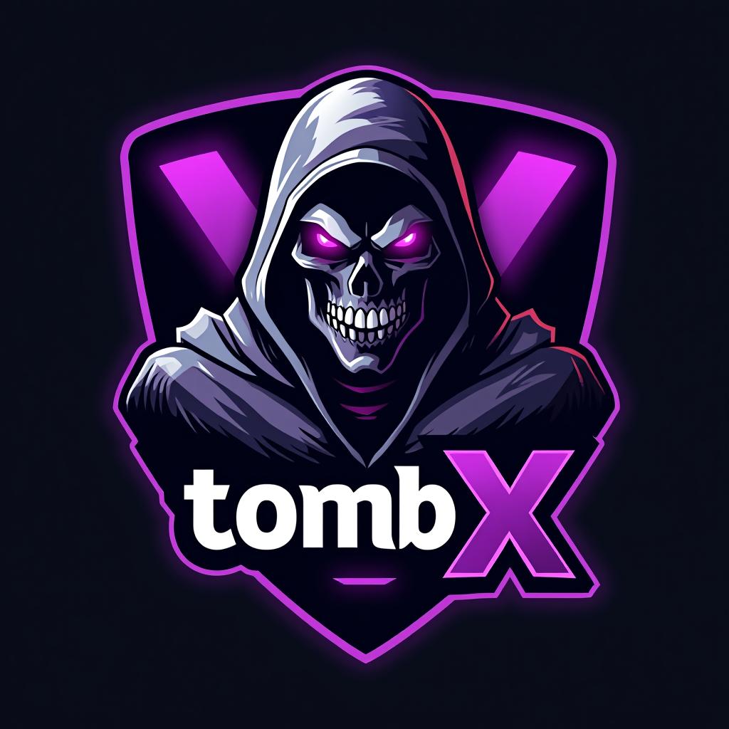  design a logo, esports logo, angry skeleton, black and purple color, with the text 'tomb x '.