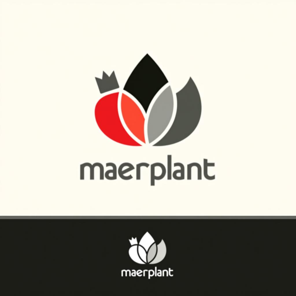  design a logo, logotipo minimalista, colores rojo, morado, blanco y negro que representen la comida a base de plantas , with the text 'maerplant'.