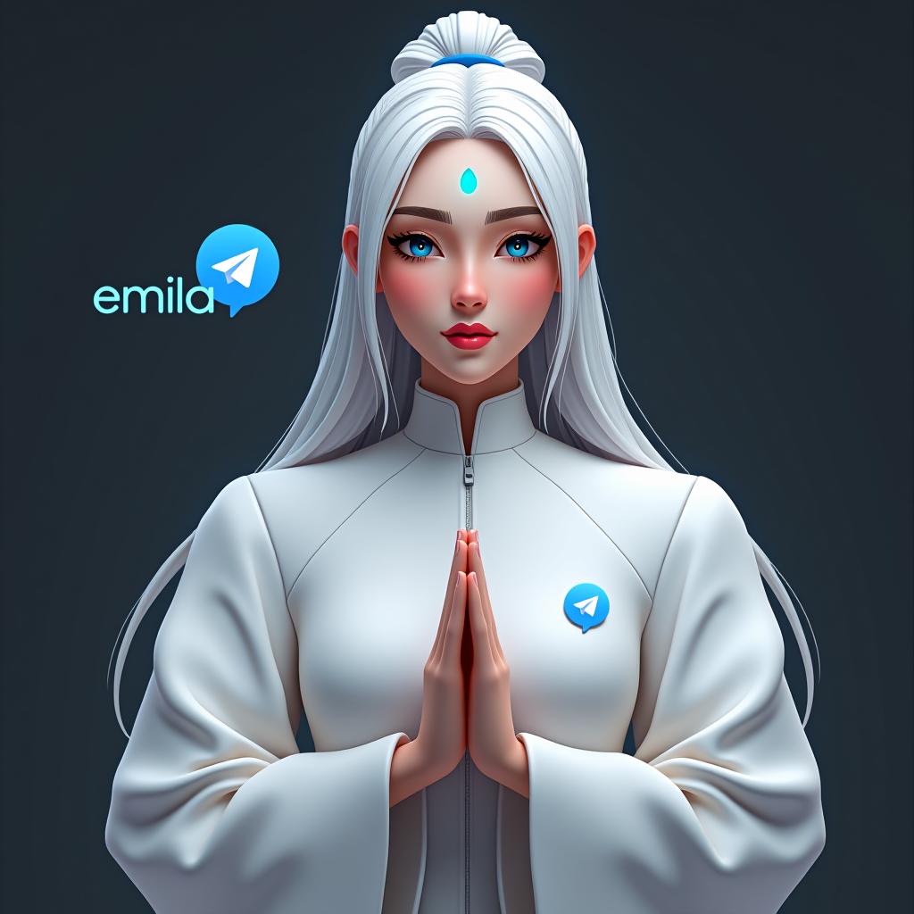  design an ai generated character inspired by emilia from re:zero. she should have long white hair and a graceful presence, dressed in a shirt with the telegram icon. the character should be posed in a traditional indian namaste gesture, exuding calm and elegance. add the text 'emilia' in a sleek, modern font near the character, with a minimal background to keep the focus on her