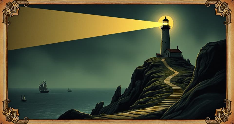  a towering lighthouse on a cliff, beam piercing through the darkness, guiding ships, forlorn and solitary. an illustration in the style of a worn, mystical old tarot trump card, mysterious and elements of surrealism. the colors are muted, somber and eerie, but with contrast bring out an occult and esoteric vibe.