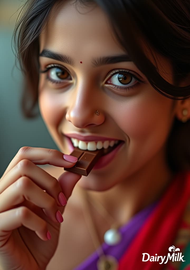  vey cute, female, indian, fair body color, young, model profession, eating chocolate, close eyes, this is advertising of dairy milk chocolate it has a big headline text written "special rakhi offer for your sister" on the screen, and put dairy milk logo at bottom side, little melt chocolate at her lips face, hyperrealistic, full body, detailed clothing, highly detailed, cinematic lighting, stunningly beautiful, intricate, sharp focus, f/1. 8, 85mm, (centered image composition), (professionally color graded), ((bright soft diffused light)), volumetric fog, trending on instagram, trending on tumblr, HDR 4K, 8K