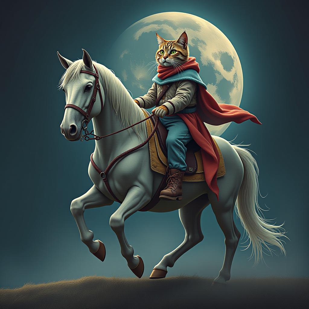  a cat riding a horse, hand drawn, on the moon, studio light, hdr 4k hyperrealistic, full body, detailed clothing, highly detailed, cinematic lighting, stunningly beautiful, intricate, sharp focus, f/1. 8, 85mm, (centered image composition), (professionally color graded), ((bright soft diffused light)), volumetric fog, trending on instagram, trending on tumblr, HDR 4K, 8K