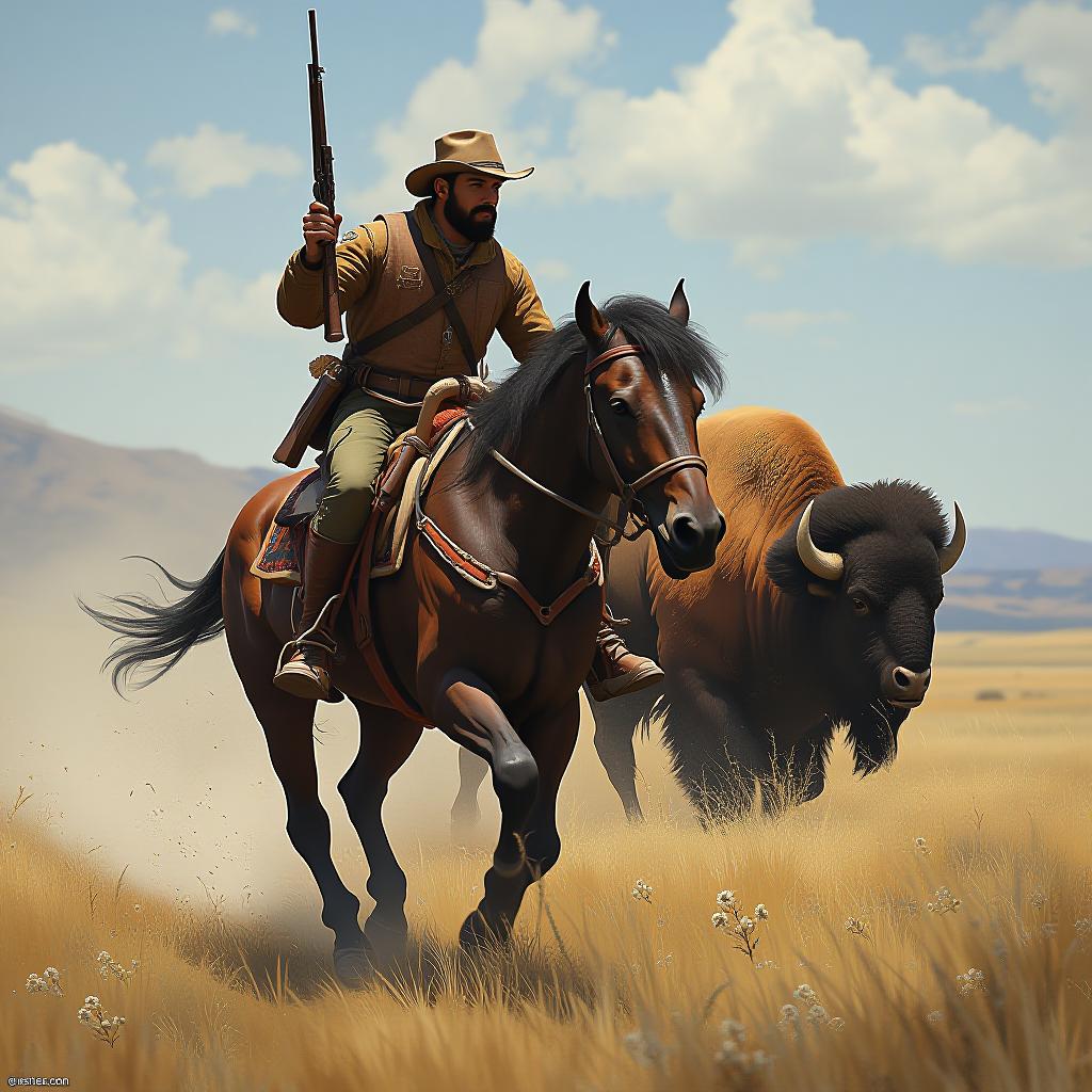  hunter with a gun on a horse chasing a bison