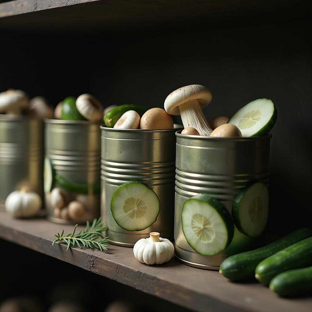  cinematic photo on the shelf are cans filled with cut mushrooms and cucumbers. in the background, a dead mole floats in the bank . 35mm photograph, film, bokeh, professional, 4k, highly detailed