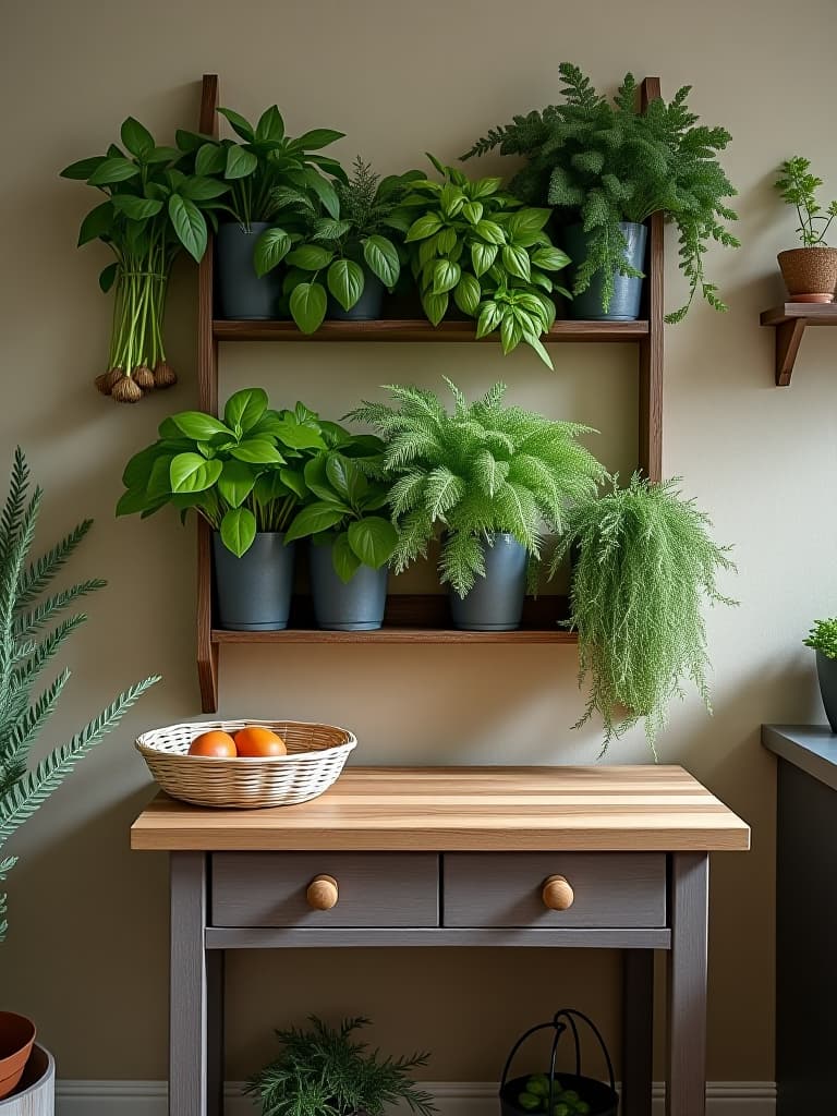  high quality portrait photo of a vertical herb garden mounted on a small kitchen wall, with a rustic ladder for hanging pots and utensils, and a compact fold down table nearby hyperrealistic, full body, detailed clothing, highly detailed, cinematic lighting, stunningly beautiful, intricate, sharp focus, f/1. 8, 85mm, (centered image composition), (professionally color graded), ((bright soft diffused light)), volumetric fog, trending on instagram, trending on tumblr, HDR 4K, 8K