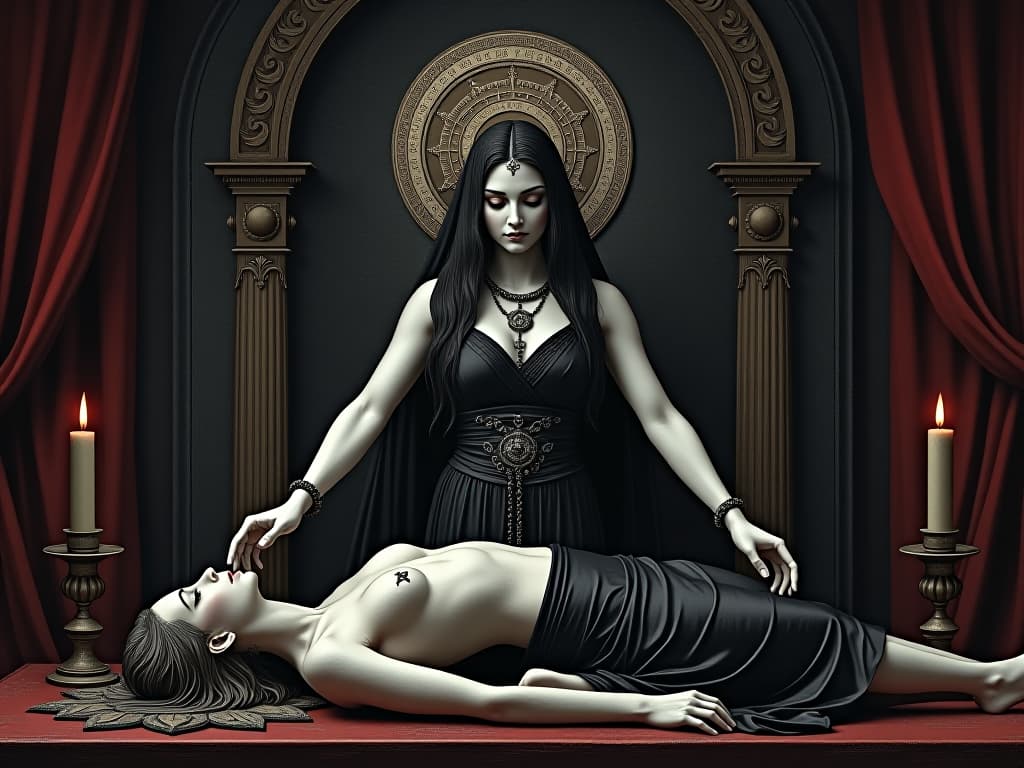  isis extending her hands over a figure lying on an altar, ancient healing ritual, serene expression, blend of earthly and divine. the style is black magick and mysterious occult, symbolic, dark gothic sharply contrasting colors, esoteric vibe. for the color scheme emphasize blacks and whites, with red accents.