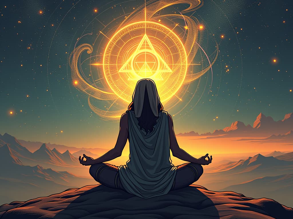  a serene meditation scene, with a figure in lotus position, surrounded by swirling cosmic energies, experiencing unity consciousness. the style is digital art illustration / modern comic book / mysterious occult, symbolic, esoteric vibe,high detail on character design, incorporating ancient egyptian symbology and attire.