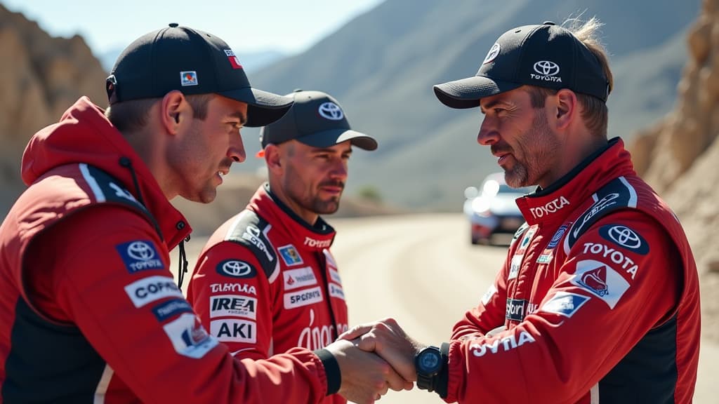  generate an image showcasing toyota's 2025 world rally championship team strategy. the composition should feature three diverse and dynamic full time drivers preparing for competition. include team principal jari matti latvala overseeing the training session, emphasizing the importance of a robust driver lineup. incorporate toyota's logo prominently, symbolizing the team's commitment to excellence. the scene should exude intensity, teamwork, and determination, capturing the essence of strategic