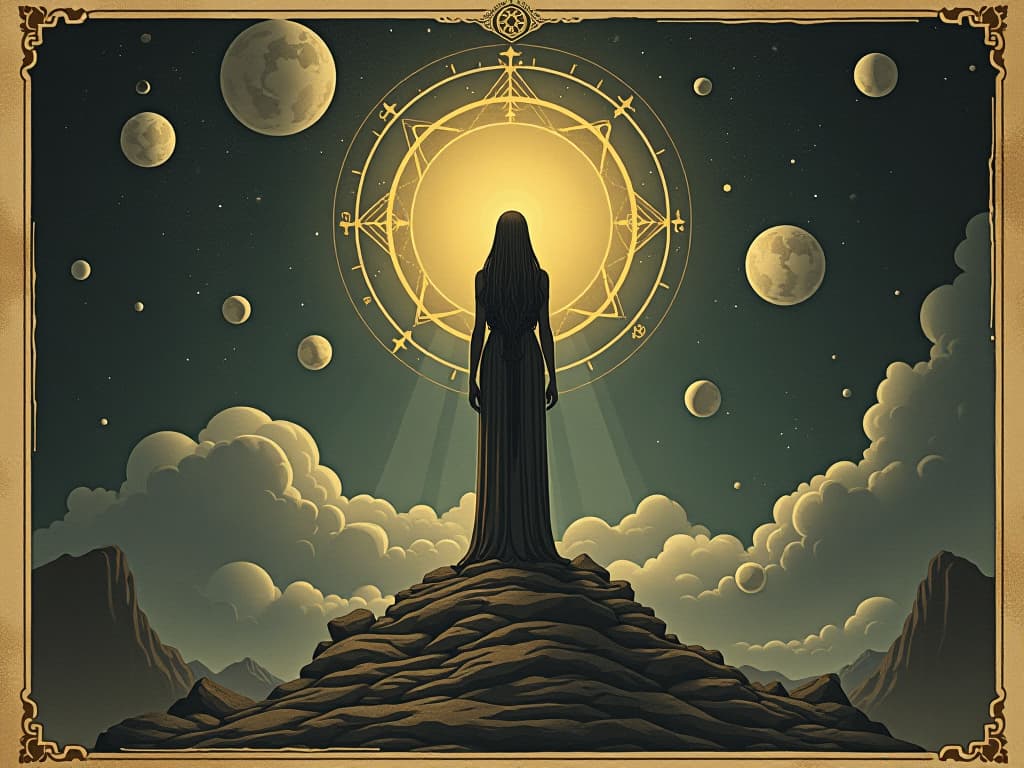  isis surrounded by a glowing light, standing at a threshold between two worlds, celestial bodies in the background, navigating realms, ethereal, mystical an illustration in the style of a worn, mystical old tarot trump card, mysterious and elements of surrealism. the colors are muted, somber and eerie, but with contrast bring out an occult and esoteric vibe.