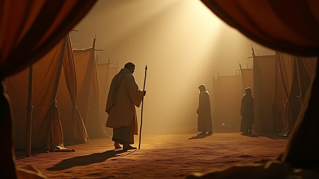  history of biblical times, jacob and laban search for the idols, with a scene showing laban's futile search in different tents. hyperrealistic, full body, detailed clothing, highly detailed, cinematic lighting, stunningly beautiful, intricate, sharp focus, f/1. 8, 85mm, (centered image composition), (professionally color graded), ((bright soft diffused light)), volumetric fog, trending on instagram, trending on tumblr, HDR 4K, 8K