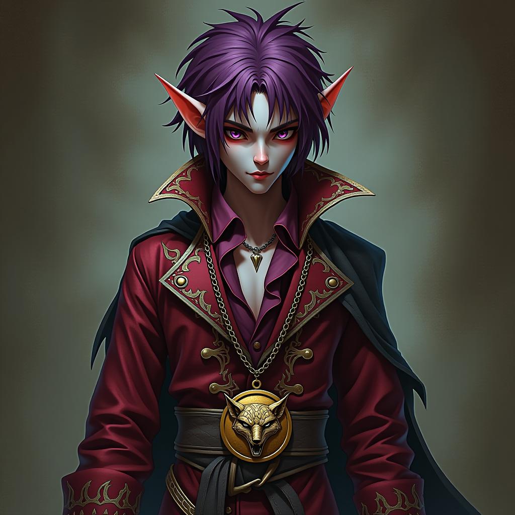  horror themed ringo pirate is depicted in full growth a young mature dark male elf with marble white skin, purple scarlet hair, ringo wears a disheveled hairstyle of medium length, pointed ear tips, lavender red eyes, wears a burgundy shirt with gold embroidery, in addition, he wears a dark red snake skin jacket with silver embroidery in the form of flames on the legs of the trousers also from a snake skin with a medium size silver skin. around his neck is a gold chain with a medium sized gold medallion. the medallion depicts an angry smirking fox face, ringo has a relative, a younger brother, a young dark elf amroth, . eerie, unsettling, dark, spooky, suspenseful, grim, highly detailed