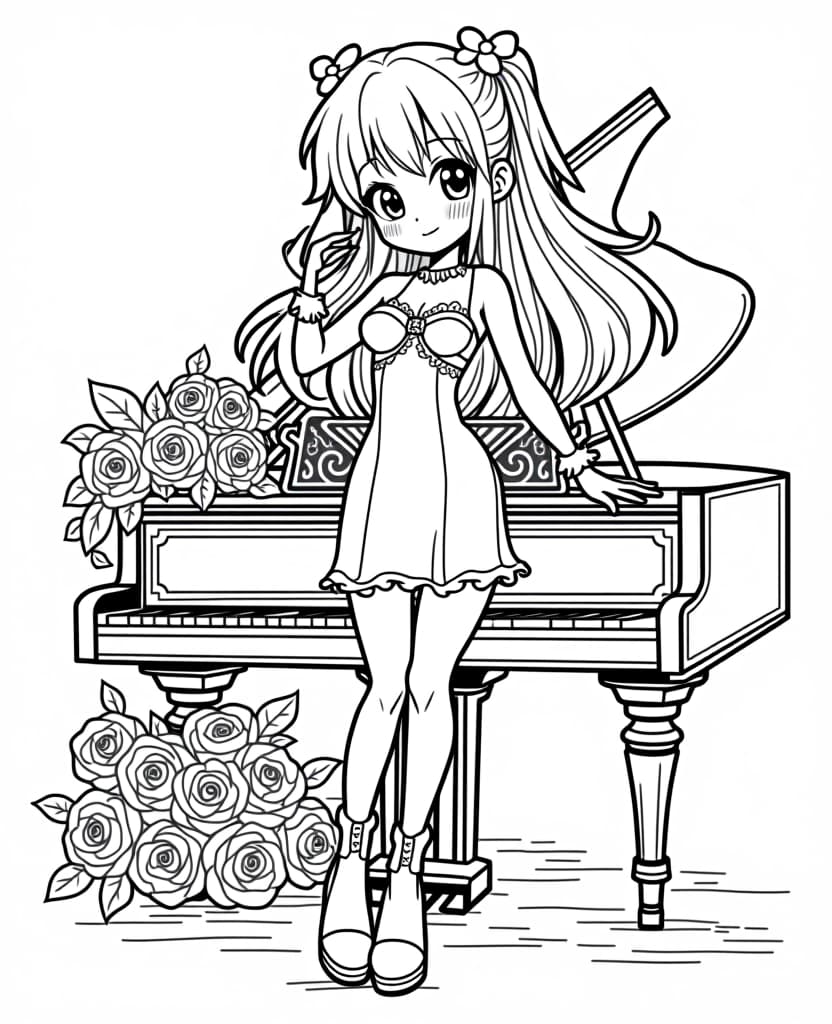  centered black and white high contrast line drawing, coloring book style,kawaii cartoon coloring book page of a age pop star in a high rise and lace outfit, posing next to a grand piano decorated with roses, with clear lines, emphasizing cute and fun elements, monochrome, blank white background