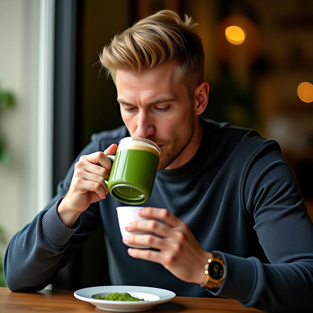  uk man drinking matcha at a cafe, male, british, blonde, adult, masterpiece, best quality