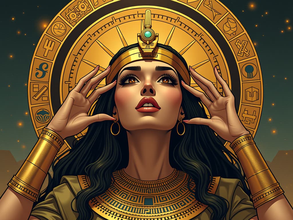  eyes opening wide in realization, surrounded by ancient symbols, brief moments of clarity captured. the style is digital art illustration / modern comic book / mysterious occult, symbolic, esoteric vibe,high detail on character design, incorporating ancient egyptian symbology and attire.