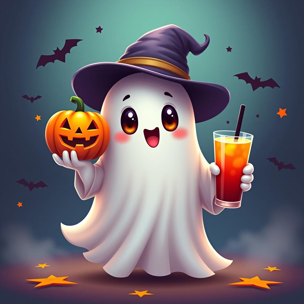  create a digital painting featuring a cute ghost character. the ghost should be wearing a hat. in one hand, the ghost should hold a pumpkin with a carved face, and in the other hand, a halloween themed drink. the background should be colorfull and include small black bats and stars to add a playful halloween touch. the overall style should be cute, whimsical, and colorful hyperrealistic, full body, detailed clothing, highly detailed, cinematic lighting, stunningly beautiful, intricate, sharp focus, f/1. 8, 85mm, (centered image composition), (professionally color graded), ((bright soft diffused light)), volumetric fog, trending on instagram, trending on tumblr, HDR 4K, 8K