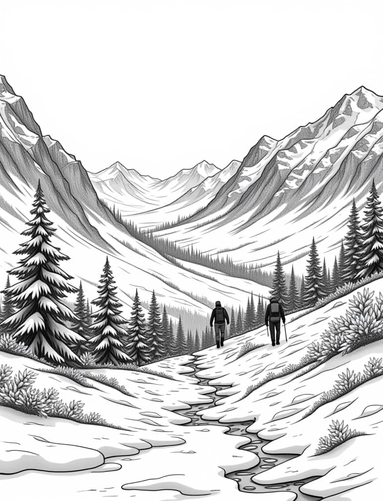  this is for an adult coloring page. a detailed black and white line art of a snowy snow covered valley with a group of hikers walking on a solid white background.