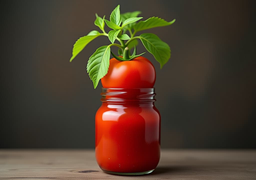  a red glass jar with a tomato plant, its ripe tomato and green leaves protruding from the jar's top