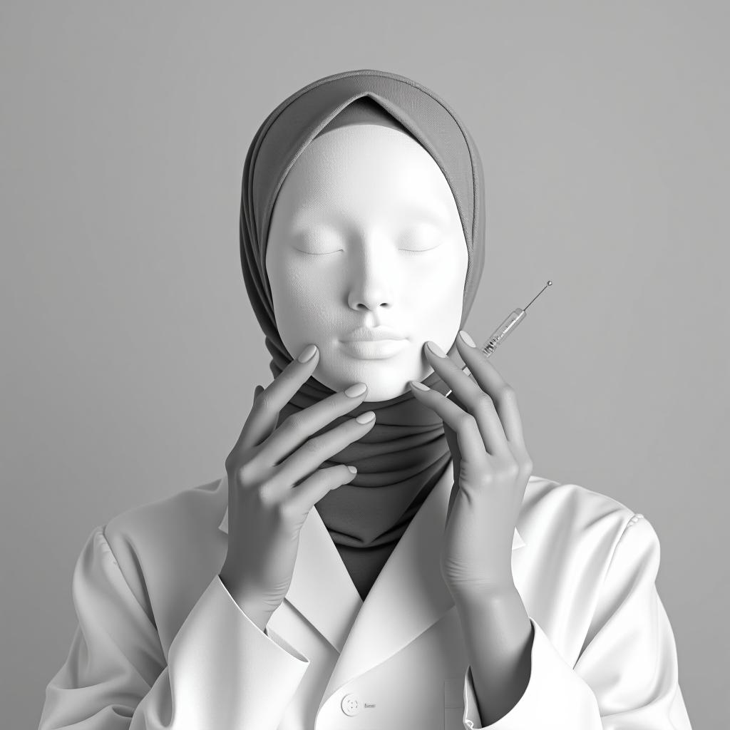  a minimalist photo of a cosmetologist without a face in a hijab administering beauty injections.