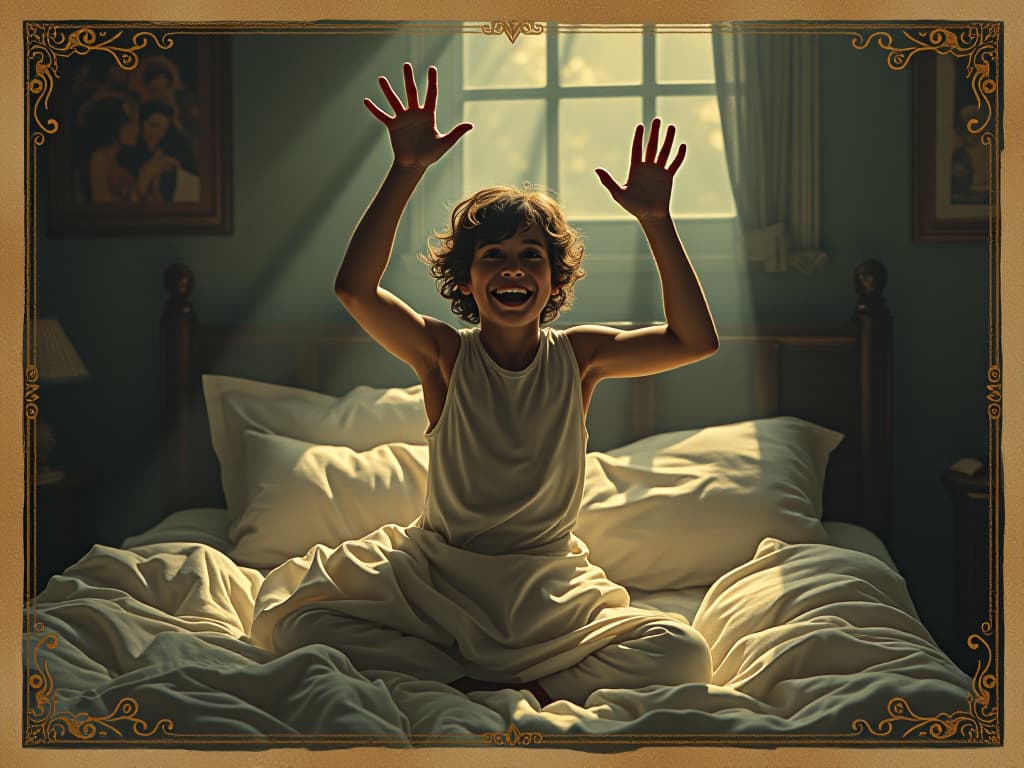  a young person bursting out of bed with exuberant energy, morning sunlight streaming in, vitality, spirit.. an ilration in the style of a worn, mystical old tarot trump card, mysterious and elements of surrealism. the colors are muted, somber and eerie, but with contrast bring out an occult and esoteric vibe.