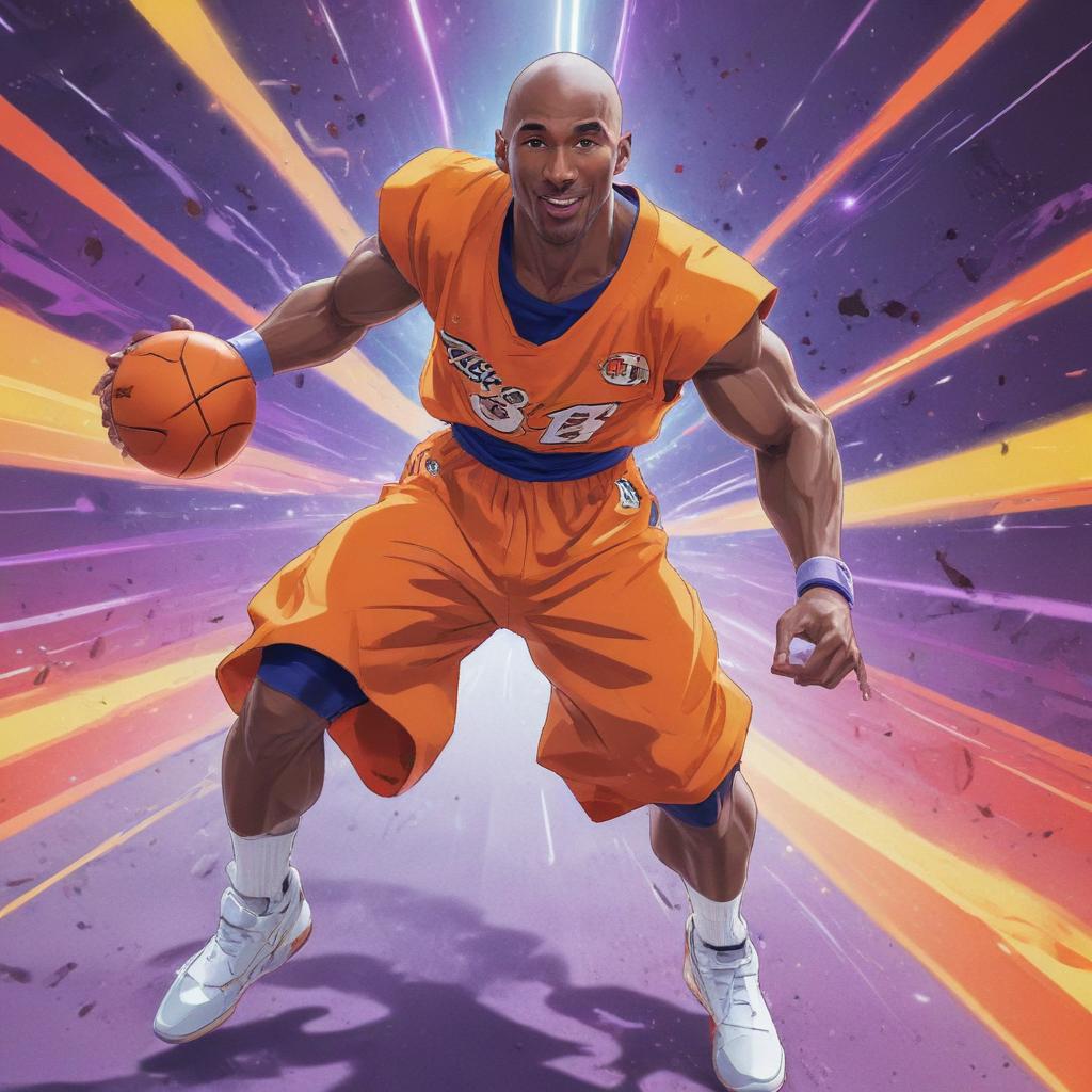 distance-shot, flashy, full-body, dynamic, holographic, animated cartoon poster of kobe scene in the style of dragon ball super