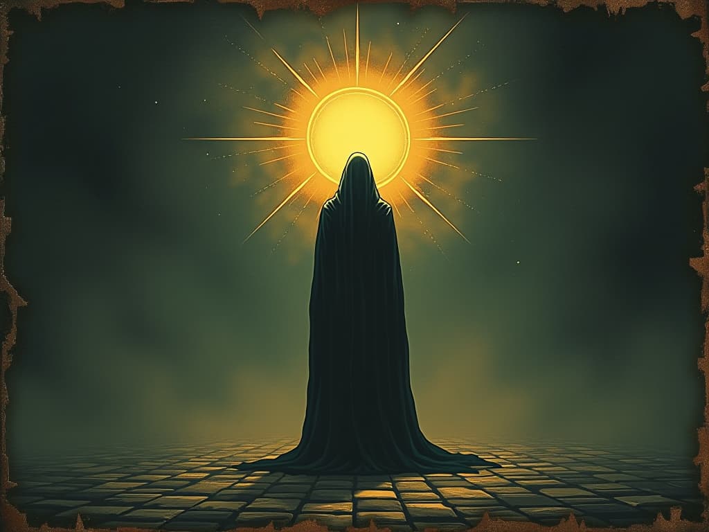  enlightened figure, radiant aura, standing apart in a dim environment, glowing presence, isolation, understanding. an illustration in the style of a worn, mystical old tarot trump card, mysterious and elements of surrealism. the colors are muted, somber and eerie, but with contrast bring out an occult and esoteric vibe.