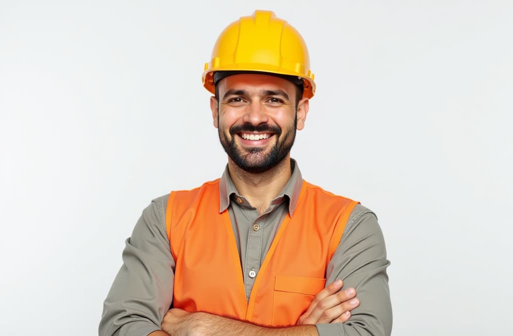  construction worker, engineer and studio portrait of happy man in vest and helmet for safety on white background. smile, contractor or architect in planning or renovation, project manager in india. ar 3:2 {prompt}, maximum details