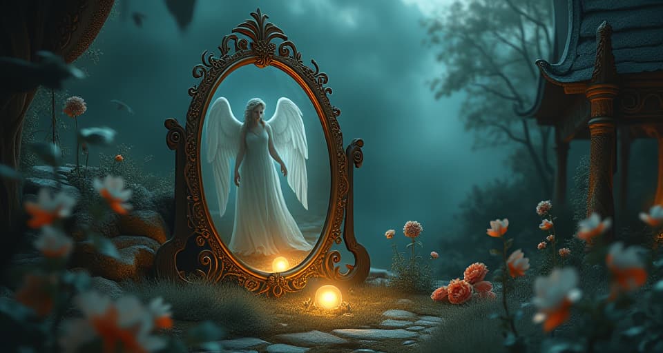  an enchanted mirror in a dimly lit, magical garden. reflection shows an ethereal angel fading away, flowers around the mirror losing their glow, atmosphere filled with somber realization.. the style is digital art illustration,highly detailed, whimsical,magical, dreamlike atmosphere, realism and fantasy blend, smooth, glossy textures,luminous quality, wonder and enchantment.