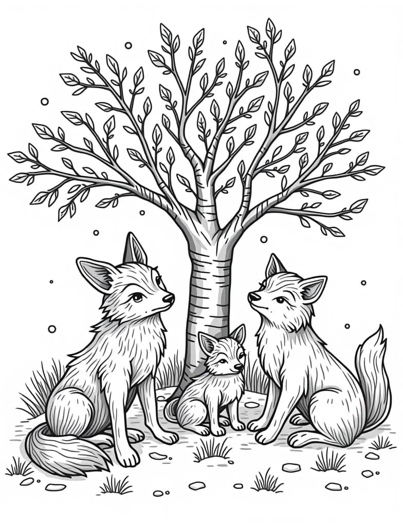  this is for an adult coloring page. a detailed black and white line art of a snowy woodland animals gathering around a tree decorated with berries on a solid white background.