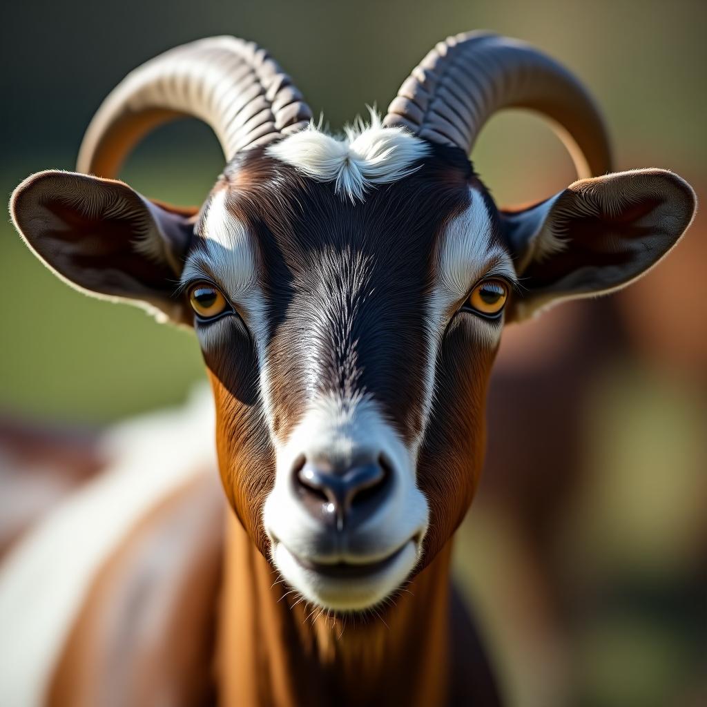  a close up of a goat's face with its horns showing