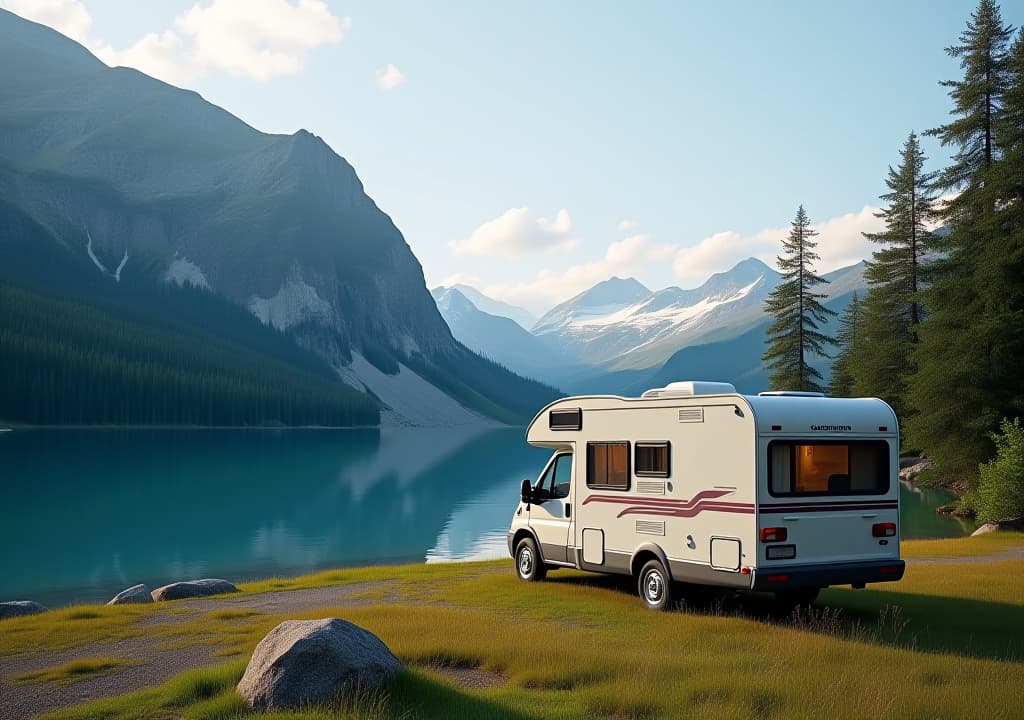  camper parked at a lake, mountains in background, scandinavian