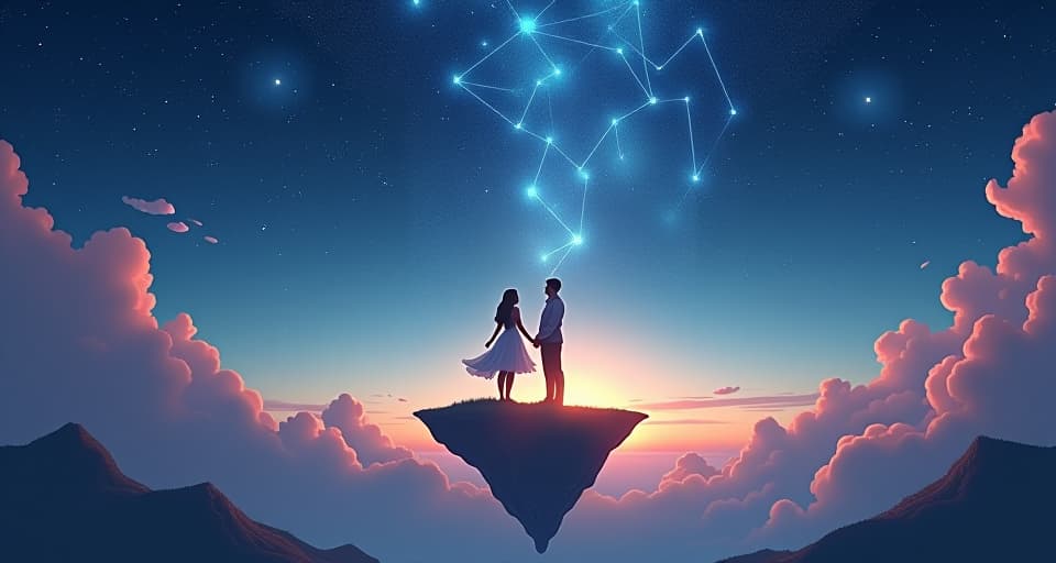  a celestial scene with an ethereal couple standing atop floating islands in a starlit sky. their hands are raised to the stars, drawing down immense power. the stars form constellations that symbolize their destined triumph, lighting up the entire sky with their luminous energy.. the style is digital art illustration,highly detailed, whimsical,magical, dreamlike atmosphere, realism and fantasy blend, smooth, glossy textures,luminous quality, wonder and enchantment.