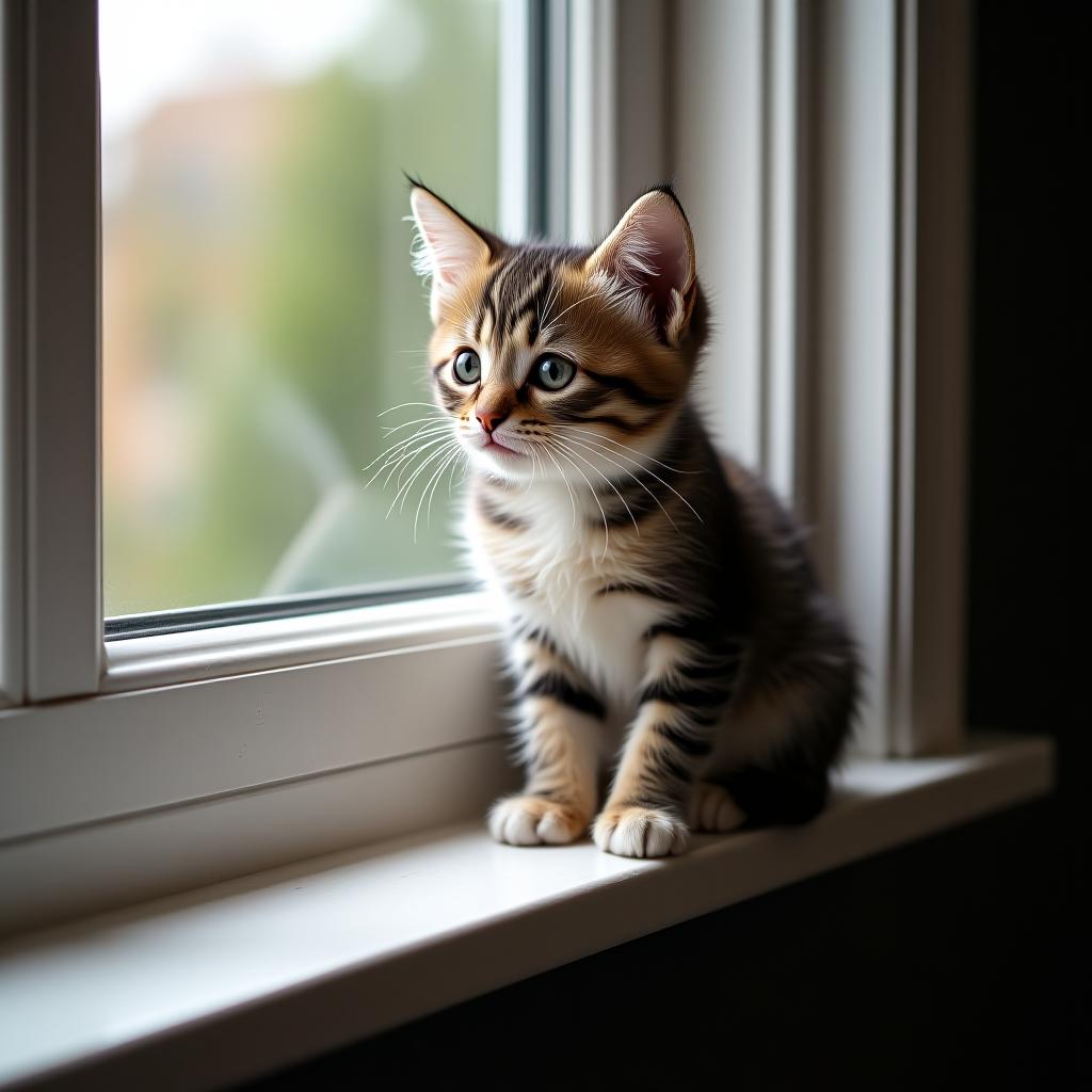  a little kitten is sitting on the windowsill.