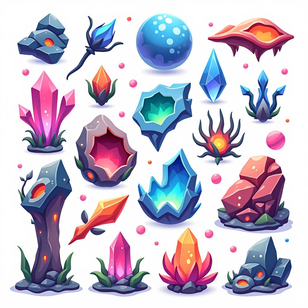  white background. a collection of assets and materials derived from a hyper realistic alien planet, featuring bioluminescent crystals, glowing organic matter, and fragments of unique architectural structures. each asset should reflect the same fantasy elements as the planet, with floating pieces, glowing edges, and a consistent color palette. include items like glowing rocks, mysterious plant life, and fragments of the planet's structures, all in a cartoon and disney style.