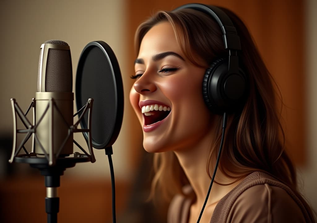  young woman in recording studio. she sings passionately into a professional microphone, wearing headphones. the photo is perfect for music related content. it represents creativity and emotion.