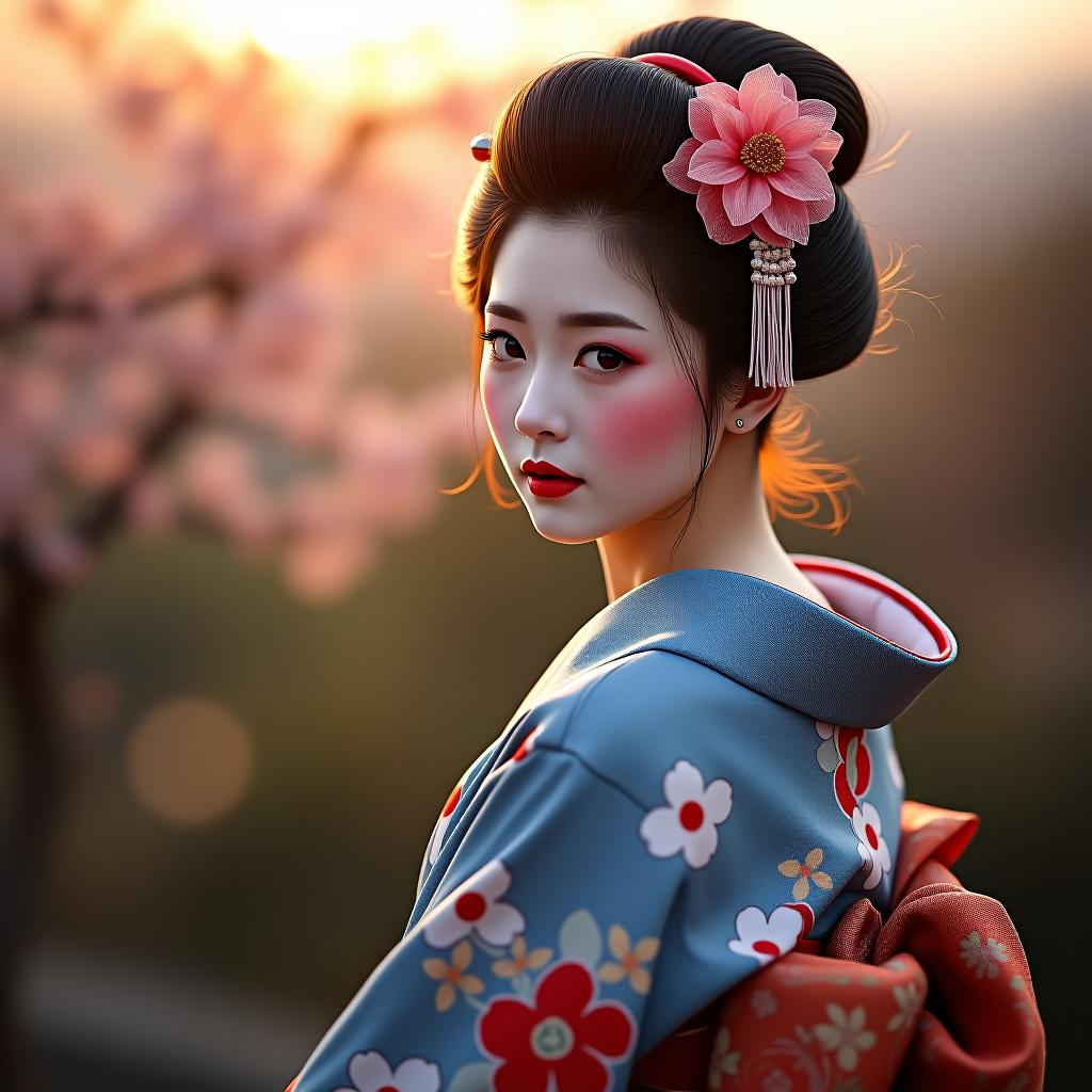  score 9, score 8 up, score 7 up, score 6 up, score 5 up, score 4 up, asian , 1, japanese geisha, updo, looking at viewer, small pink s, large s, 20 year, face close up, half body portrait, big brown eyes, nihongami, modest, viewer, hearts, posing, pose, solo, blue floral kimono, off shoulder, bonsai, sakura, worried, blushing, cow position, cherry blossom, , sunset, cinematic lighting, semi realistic, side view, (young:1.2), wild , semi realistic, imminent , blushing, open mouth, squatting, bouncing hard hyperrealistic, full body, detailed clothing, highly detailed, cinematic lighting, stunningly beautiful, intricate, sharp focus, f/1. 8, 85mm, (centered image composition), (professionally color graded), ((bright soft diffused light)), volumetric fog, trending on instagram, trending on tumblr, HDR 4K, 8K