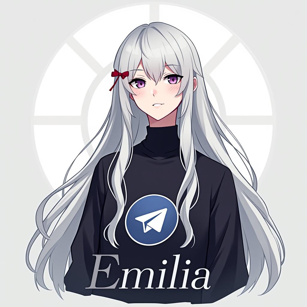  create an image of a character inspired by emilia from re:zero, featuring long white hair and an elegant appearance. the character should be wearing a shirt with the telegram logo, embodying peace and serenity. the design should be simple with a minimalistic background, and include the name 'emilia' in a stylish font