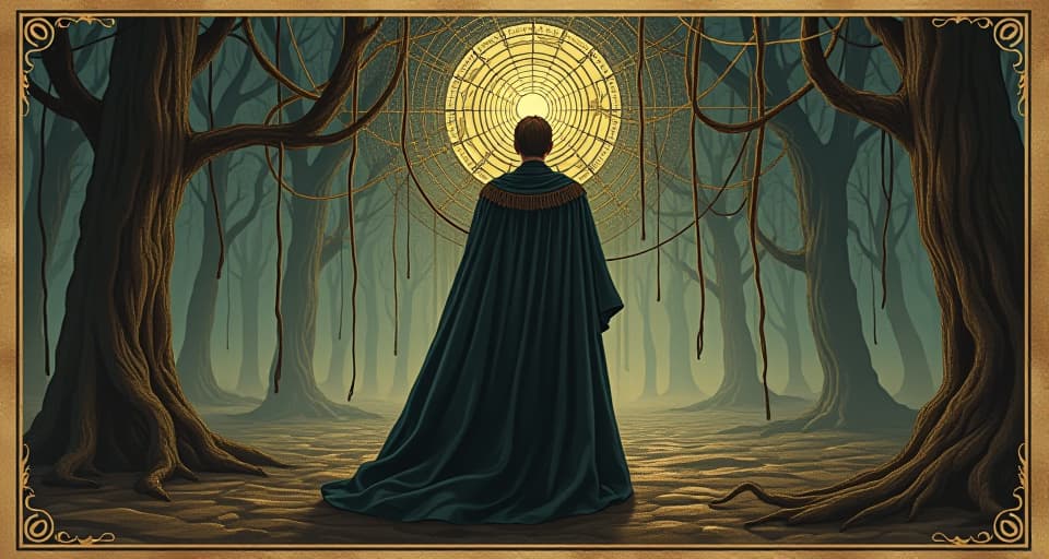  a figure in medieval attire standing at the center of a vast, interconnected web of threads, protagonist, narrative complexity, destiny. an illustration in the style of a worn, mystical old tarot trump card, mysterious and elements of surrealism. the colors are muted, somber and eerie, but with contrast bring out an occult and esoteric vibe.