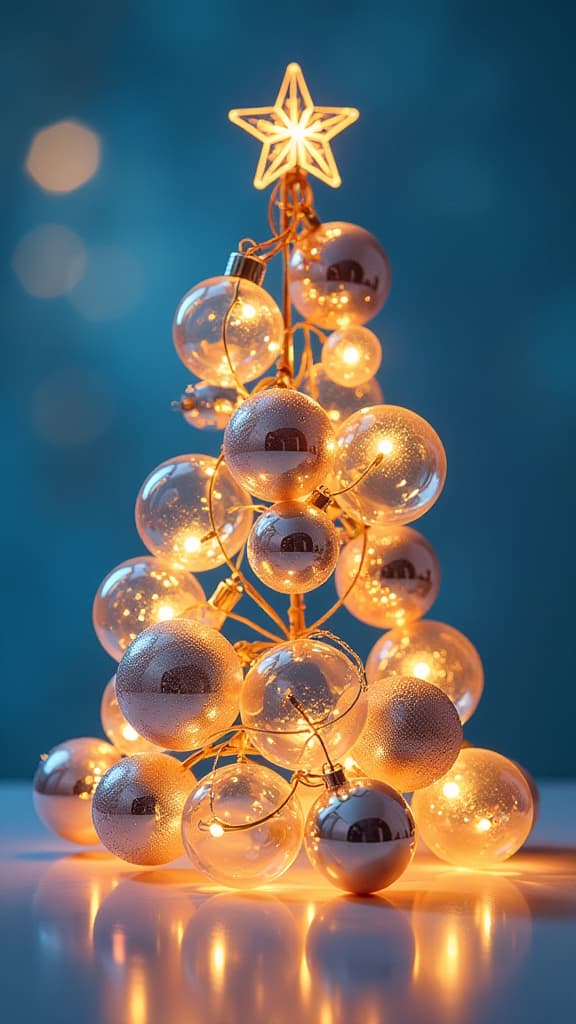  garland made from lot of glass transparent balls, inside the balls there are neon golden glowing lights, shape christmas tree without wood, festive blurred pastel blue background ar 9:16 {prompt}, maximum details