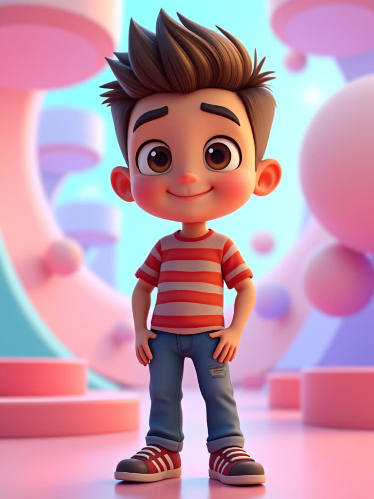  create a cartoon like male character with short, spiky hair, large expressive eyes, and a playful smile. the character is wearing a striped t shirt, jeans, and sneakers, standing in a colorful virtual world with floating platforms and soft, geometric shapes in the background. the overall style should resemble a mix between bitmoji and memoji, with a friendly and cheerful vibe. hyperrealistic, full body, detailed clothing, highly detailed, cinematic lighting, stunningly beautiful, intricate, sharp focus, f/1. 8, 85mm, (centered image composition), (professionally color graded), ((bright soft diffused light)), volumetric fog, trending on instagram, trending on tumblr, HDR 4K, 8K