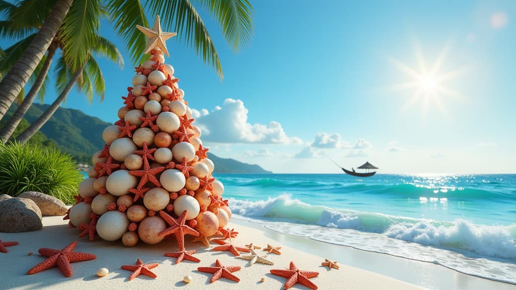  christmas tree made of shells, corals and starfish on the ocean shore, waves, sun, hammock in the distance ar 16:9 {prompt}, maximum details