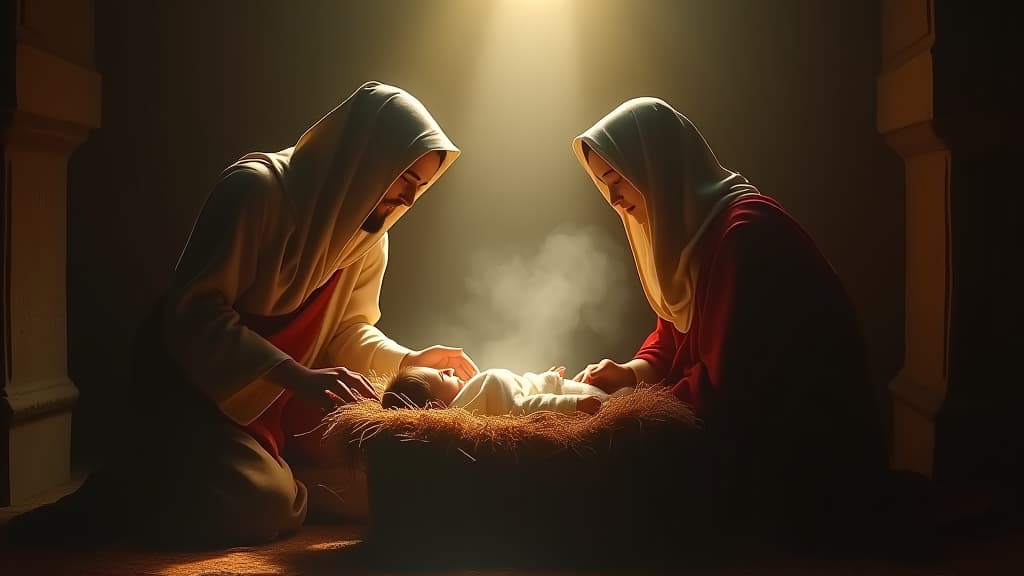  an artistic representation of the virgin birth of jesus as described in both the bible and the quran. hyperrealistic, full body, detailed clothing, highly detailed, cinematic lighting, stunningly beautiful, intricate, sharp focus, f/1. 8, 85mm, (centered image composition), (professionally color graded), ((bright soft diffused light)), volumetric fog, trending on instagram, trending on tumblr, HDR 4K, 8K